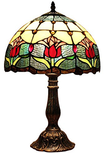 Bieye L30020 Tulip Flower Tiffany Style Stained Glass Table Lamp Night Light with 12 Inches Wide Handmade Lamp Shade Metal Base for Bedside Bedroom Living Room, 18 inches Tall, Red Green…