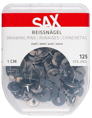 SAX Reißnägel Stahl 80 Stück, Heftzwecken für Pinnwand Korktafel, 10 mm Kopfdurchmesser, Kunststoffummantelung, Metallspitze, Kunststoffbox mit Sicherheitsverschluss