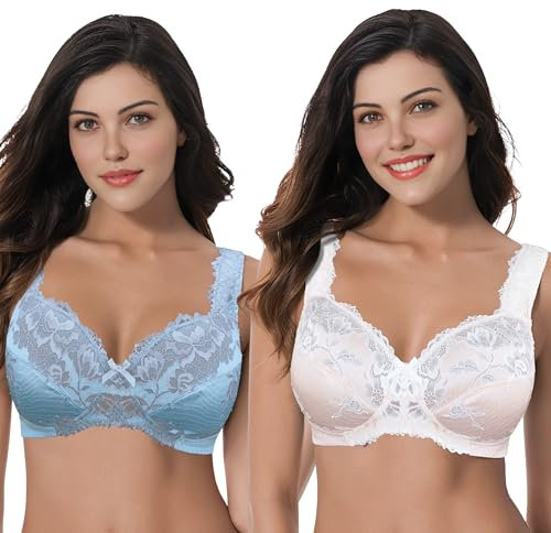 Curve Muse Women's Plus Size Minimizer Unlined Wirefree Lace Full Coverage Bras-2Pack-Starlight Blue,Pink Dogwood-34B (EU:75B)