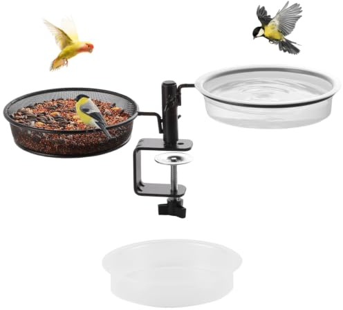 Urban Deco Vogelfutterspender für Deck, Balkongeländer, vogelfutterstation mit Zwei Tabletts, Vogeltränke, Blumenständer, vogelfutterhaus mit ständer, abnehmbar und verstellbar