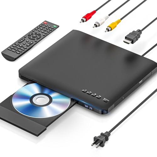 Ultra Slim DVD Player, Thin HDMI AV DVD Players for TV, 0.6 Inch Design with Region Free & Colourful HD Pixels, Supports USB Playback, NTSC/PAL DVD Player with HDMI & RCA Cables, Remote Control.