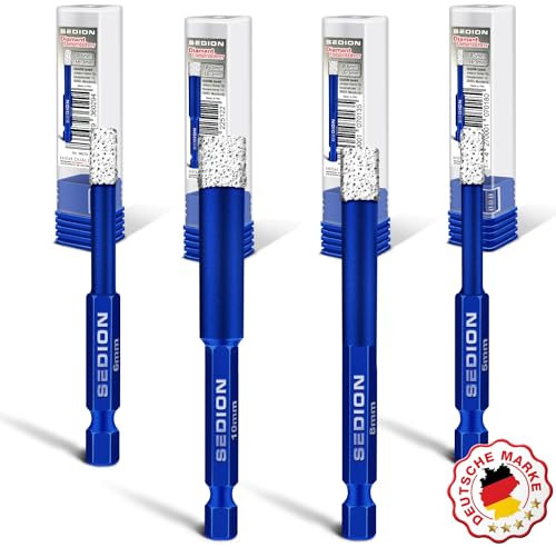 SEDION ® Set di punte per piastrelle 4pz. 5, 6, 8, 10 mm, esagono E 6.3 - Punta per forare piastrelle dure - Set di punte diamantate - Sedion premium quality diamonds