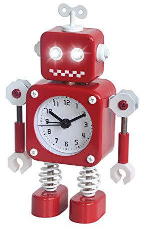 Diskary Roboter Wecker,Nicht tickende Wecker mit blinkenden Augen Lichtern und drehbarem Arm,Geschenk an Kinder (Rot)