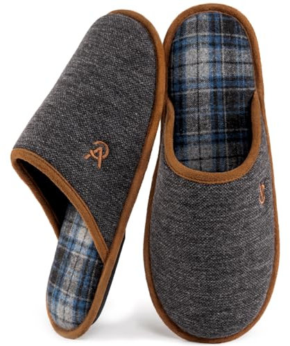 VeraCosy Men's Knitted Scottish Slippers with Soft Memory Foam Non Slip Indoor Rubber Sole Black, 8/9 UK