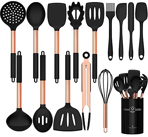 Umite Chef Silikon-Kochutensilien-Set, 15-teilig, Antihaft-Silikon, rotgoldener Griff, Kochutensilien, Schneebesen, Küchenutensilien-Set, Schwarz