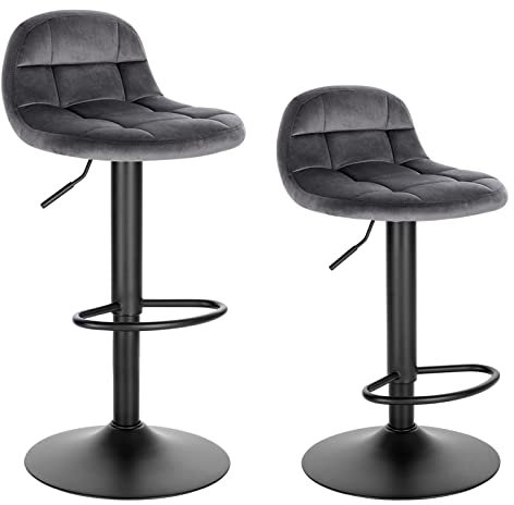 WOLTU Barhocker 2er Set Barstuhl mit Rückenlehne Fußstütze höhenverstellbar (60-82cm) 360° Drehstuhl bis 150kg belastbar Samt Metall Dunkelgrau BH317dgr-2