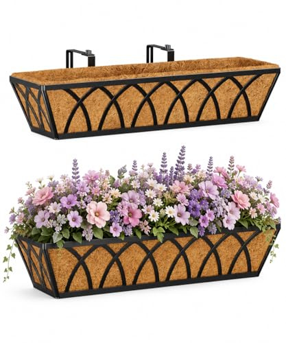 HFHOME 2Pcs 60.9cm/24in Hanging Flower Baskets, Wall Mounted Trough Basket with Coco Liner, Metal Window Deck Box for Window Box Porch Balcony Fences