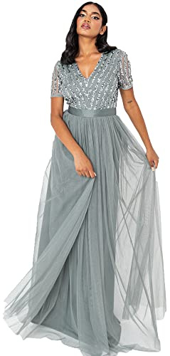 Damen Ballkleid Abendkleid V-Ausschnitt Maxi Länge Pailletten Kurze Ärmel für Hochzeit Geburtstag Brautjungfer