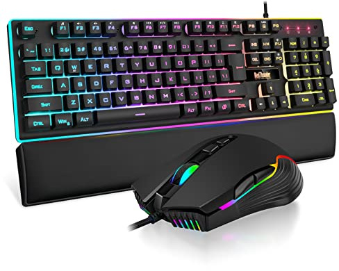 RedThunder K10 Wired Gaming Keyboard and Mouse and Wrist Rest Combo, RGB Backlit, Mechanical Feel Anti-ghosting Keyboard + 7D 7200 DPI Mice+Soft Leather Wrist Rest 3 in 1 PC Gamer Accessories(Black)