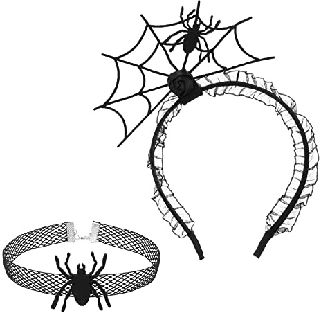 Spinnennetz Chocker Stirnband Halloween Lustige Halsketten Haarreifen | Party Haarschmuck Stirnbänder Dekorationen Halloween Kostüm Spinne Kostümzubehör Spinne Kopfbedeckungen Spinnen Haarband