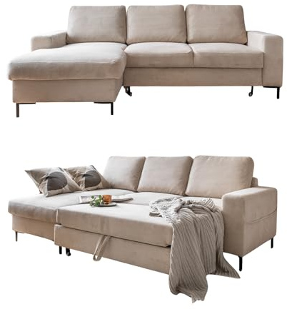 MIUFORM Lofty Lilly, 4er Schlafsofa mit Bettkasten, Links, Beige | Sofa mit Schlaffunktion, Ecksofa mit Schlaffunktion, Ecksofa L-Form mit Chaiselongue, 236 x 148 x 84 cm Couch, L Sofa Bed