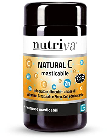 NUTRIVA Natural C Masticabile, Integratore Alimentare a base di Vitamina C naturale e Zinco. Utile per le funzioni del sistema immunitario. 60 compresse masticabili. Vegano
