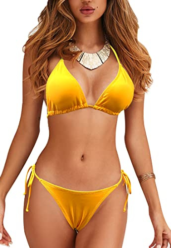 JFAN Bikini set för kvinnor slips sida botten hållare triangeltopp tvådelad baddräkter, Gul – a, L
