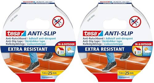 tesa Anti-Rutschband - Rutschfestes Klebeband für innen und außen - Für Treppen, Leitern und glatte Böden - Transparent - 5 m x 25 mm (Packung mit 2)