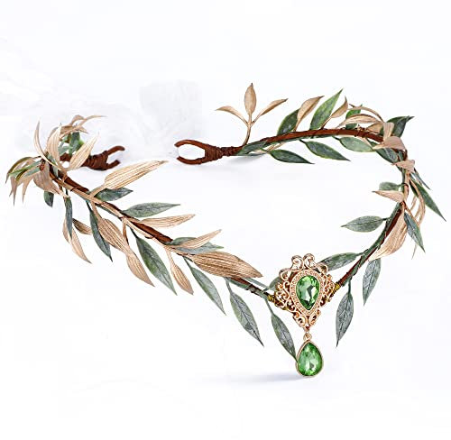 MOSTORY Handgemachter Feenblatt Blumen Haarreif Waldelfen Kopfschmuck Blätterkrone aus dem Wald für Frauen Mädchen Prinzessin Renaissance Halloween Hochzeit Cosplay Foto-Requisiten Grün Gold