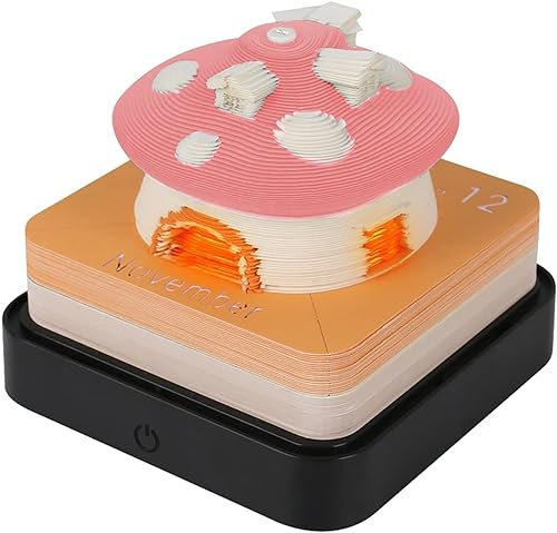FUYAO Schreibtischkalender 2024 mit LED-Lichtern, Pilz-Zeitmesser, Kalender zum Abreißen, 3D-Kunstkalender, Papierschnitzerei, Geschenk, Hausskulptur, Geschenk für Schule, Zuhause, Büro, Pink