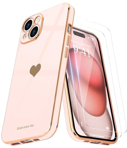 Teageo Compatibile per iPhone 15 Plus, Custodia per Cellulare Ragazze con Motivo a Cuore Carino Protezione per Fotocamera Elettrolitico Morbido Protettiva Cover per iPhone 15 Plus, Rosa chiaro