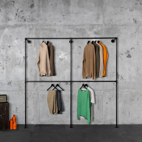 RSR Hangers Kleiderstange Kleiderstangensystem Nina Schwerlast höhenverstellbar Industrial Garderobe Loft Design | begehbarer Kleiderschrank | Kleiderständer | Wandmontage | Schwarz | Breite 200 cm
