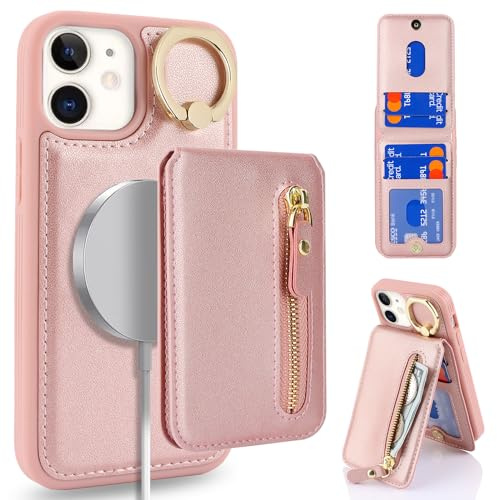 ELTEKER Cover Magnetica per iPhone 12 Mini, Custodia MagSafe in pelle iPhone 12 Mini, [2 in 1] Custodia con anello Cover con Portafoglio MagSafe per iPhone 12 Mini - oro rosa