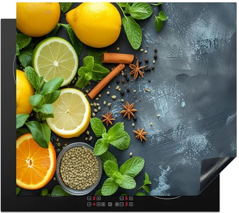 KitchenYeah© Herdabdeckplatte Einteilig Küche Herdabdeckung Induktionsfeld | 60x52 cm - Ceranfeld Herdabdeckplatten Vinyl Matte Aufrollbar Obst - Beton - Pflanzen - Zitrone - Zimt