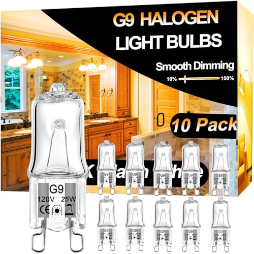 Vannise G9 Halogen Bulb 25W 10-Pack - Long Lasting, Dimmable 2800K Warm White Light Bulbs, 120V, 2-Pin Base for Chandelier, Range Hood Light