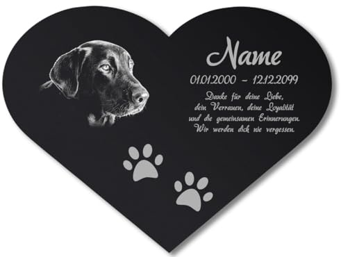 Paule Black Personalisierter Tier Herz Grabstein Grabschmuck mit Foto Gravur - Acrylglas Schwarz Hochglanz 400 x 300 mm - wetterfest, für Hund, Katze und alle Haustiere, individuelles Foto und Text