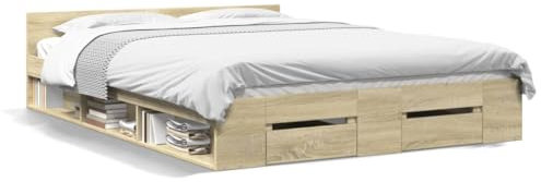 Tidyard Bettgestell Bettrahmen mit Lattenrost Doppelbett/Einzelbett Bett für Schlafzimmer Gästezimmer, mit Schubladen Sonoma-Eiche 160x200cm Holzwerkstoff2 49
