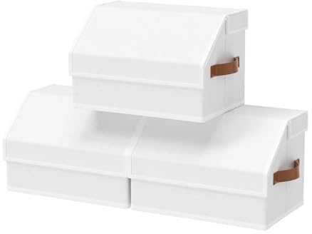 OUTBROS Cajas Almacenaje, Cesta Almacenamiento Tela con Mango, 38x25x25 cm Caixas Plegable, Organizador de Contenedores de Ropa y Libros, Blanco, 3 pieza