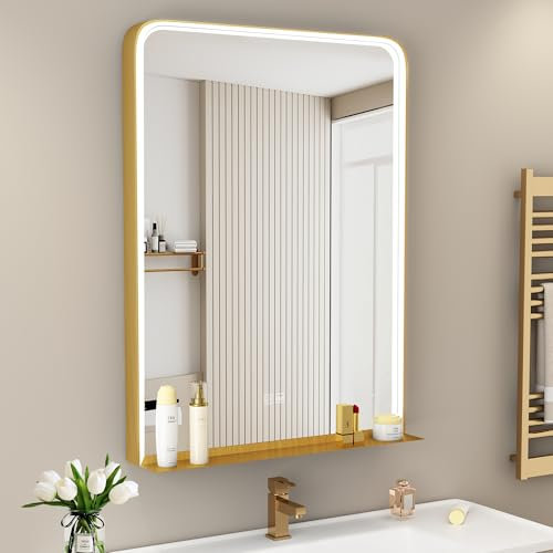 STARLEAD Badspiegel-mit-Beleuchtung und Ablage 80x60cm, LED-Badspiegel mit Entfogging, Dimmbar, 3 Lichtfarben, Speicherfunktion, IP44, Hartglas Badezimmerspiegel, Gold Metallrahmen