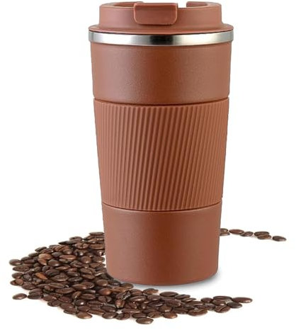 Answaily Travel Mug 17oz, Insulated Vacuum Coffee Cup, Double Wall 304 Stainless Steel Reusable Tumbler Cup with Flip Lid for Hot & Cold Drinks, Matte Texture (Brown)