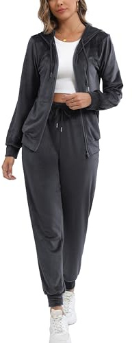 Enjyam Damträningsdress i velour, mysig Nicki-hemmadress, tvådelad joggingdress i mjuk sammet med ribbad jacka med dragkedja och byxor med ficka, M