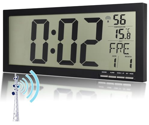 Crosstime Grande orologio da parete digitale per anziani – orologio radio con data, giorno della settimana e temperatura, facile da leggere, nero, 37 x 16 cm