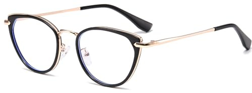 YAMEIZE Kattögon, blåljusfilter, glasögon för kvinnor, retro, Cateye-ram, blåljusfilter, anti-blåljus, glasögon, datorglasögon, läsglasögon, Svart guld, 20-15-120