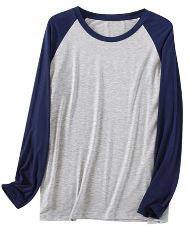 T-shirt en modal à manches longues pour homme – Haut de pyjama ultra doux et léger à col rond confortable à coupe ample unie T-shirt basique décontracté pour la maison et le salon, bleu marine, L