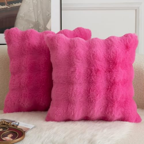 Mandioo 2er Set Luxus Dekorativ dicken Woll Kissenbezug Super Soft Wave Blase Plüschwolle werfen Kissenbezüge Zierkissenbezüge Sofakissen Schlafzimmer Kissenhülle für Sofa 45x45cm heiß pink
