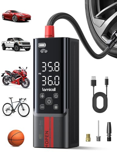 Lamicall Cordless Tyre Inflator Air Compressor - [Metal Cylinder] 150PSI Electric Pump with Digital Dual-Value Display, Portable Air Pump for Car Motorcycle Bike Balls, with Long Hose, Silicone Case