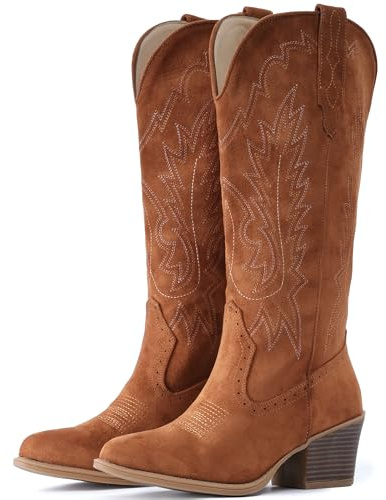 IUV Cowboystiefel aus Wildleder für Damen, klobiger Absatz, spitzer Zehenbereich, Cowgirl-Stiefel, wadenhoch, Western-Stickerei | Halbwadenhohe Western-Stiefel