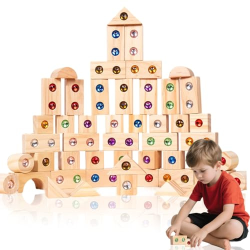 Lot de 50 blocs de construction arc-en-ciel en bois, blocs de construction arc-en-ciel, blocs de construction sensoriels, jouets éducatifs pour stimuler la créativité pour les enfants à partir de 3