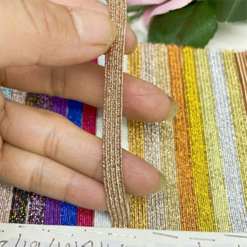 Venta al por mayor de 6 mm de cinta elástica brillante dorada y plateada de colores para coser, banda de goma Fiat, banda elástica para cintura, cinta elástica con purpurina de 13-6 mm, 144 yardas (