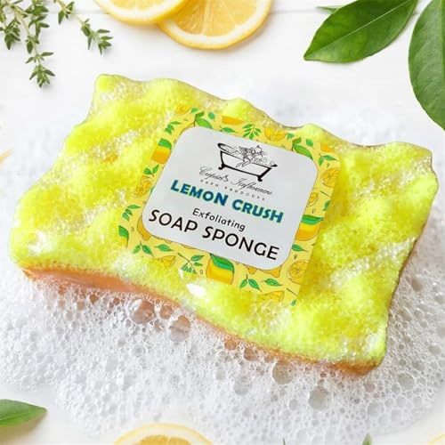 Lemon Crush Exfoliating Soap Filled Sponge 160gr | Lemon Shower Pouf | Exfoliating Body Wash | Body Scrub & Tan Remover | Citrus Scented Massage Shower Sponge | Gift Idea | Stocking Fillers