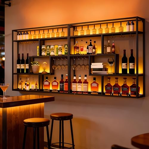 Moderno Botellero Montado En La pared Grande Estante de vino Decorativo Industrial de Metal con Portavasos para Copas Portabotellas de 4 Niveles Barra Estante de Exhibición (Black, Left,150cm)