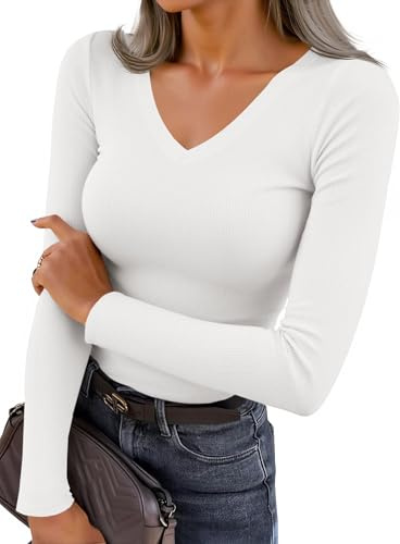 Fisoew Maglietta a Maniche Lunghe da Donna Top Sexy con Scollo a V Maniche Lunghe Magliette a Costine Tinta Unita Top Slim Fit, Bianco, S