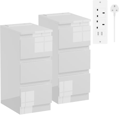Rainbow Tree Slim Bedside Table with Charging Station White Set of 2, Modern High Gloss Narrow Bedside Cabinet with 3 Drawers, Nightstand for Bedroom, Side Sofa Tables 25Wx35Dx60Hcm