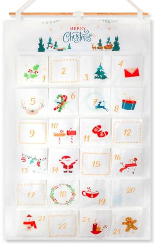 HOWAF Christmas Fabric Advent Calendar, Reusable Advent Calendar 2025 with 24 Pockets 15x15cm, Fill Your Own Calendar Countdown to Christmas Decorations, D