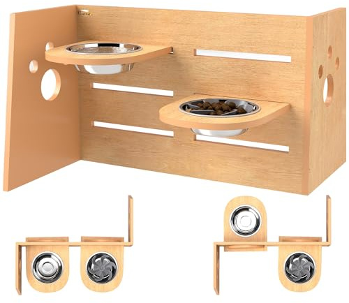 PawHut Gamelle Chien Surélevée à 3 Hauteurs Réglables pour Grands Chiens | Gamelle pour Chien avec Tapis d'Alimentation Lente, 2 Bols en Acier Inoxydable, Design Séparé, Chêne