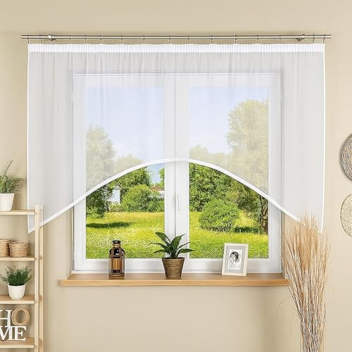 Gardinen Vorhangen Weiß Voile 250x100 cm (BxH) TROGIR Scheibengardine Bistrogardine Fertiggardine Küche Bogenstore Kräuselband