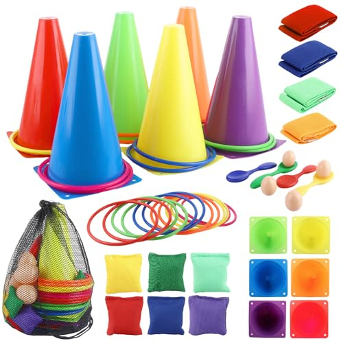 AKOLAFE 43PCS 4 in 1 Carnival Games Set with Colourful Bean Bags Plastic Cones Throwing Rings Footband Spoons & Eggs for Adults Indoor Outdoor Activities