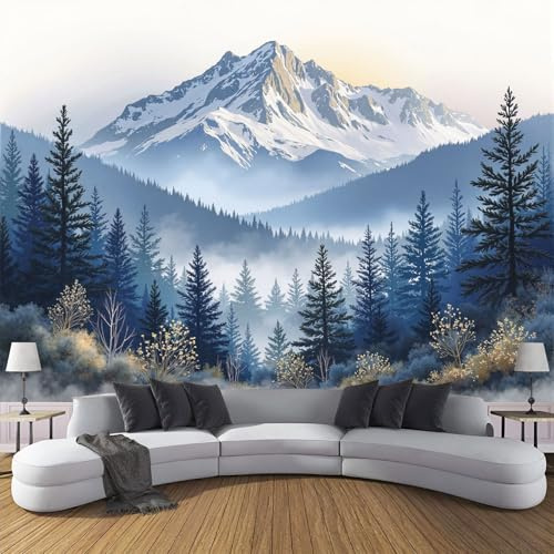 Fotomurales Decorativos Pared Nubes Montañas 366An×256Al cm Papel Pintado Tejido No Tejido Con Profundidad Campo Bosque Pinos Fotomural 3D Mural Paredes Azul Papel Tapiz Salón Dormitorio