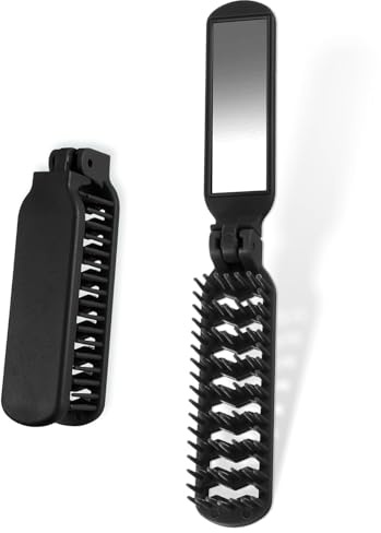 Lot de 3 brosses de voyage pliables avec miroir - Mini brosse à cheveux compactes pour les déplacements, peigne pliable et peigne à barbe pour homme et femme - Format de poche léger pour les voyages