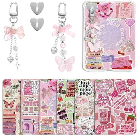 Muorruo 6 st Kindle Paperwhite inlägg, e-läsare tillbehörssats med 2 st mobiltelefonrem för e-läsare, rosa design för bokälskare, klart fodral, gör-det-själv-dekor, alla hjärtans dag present till